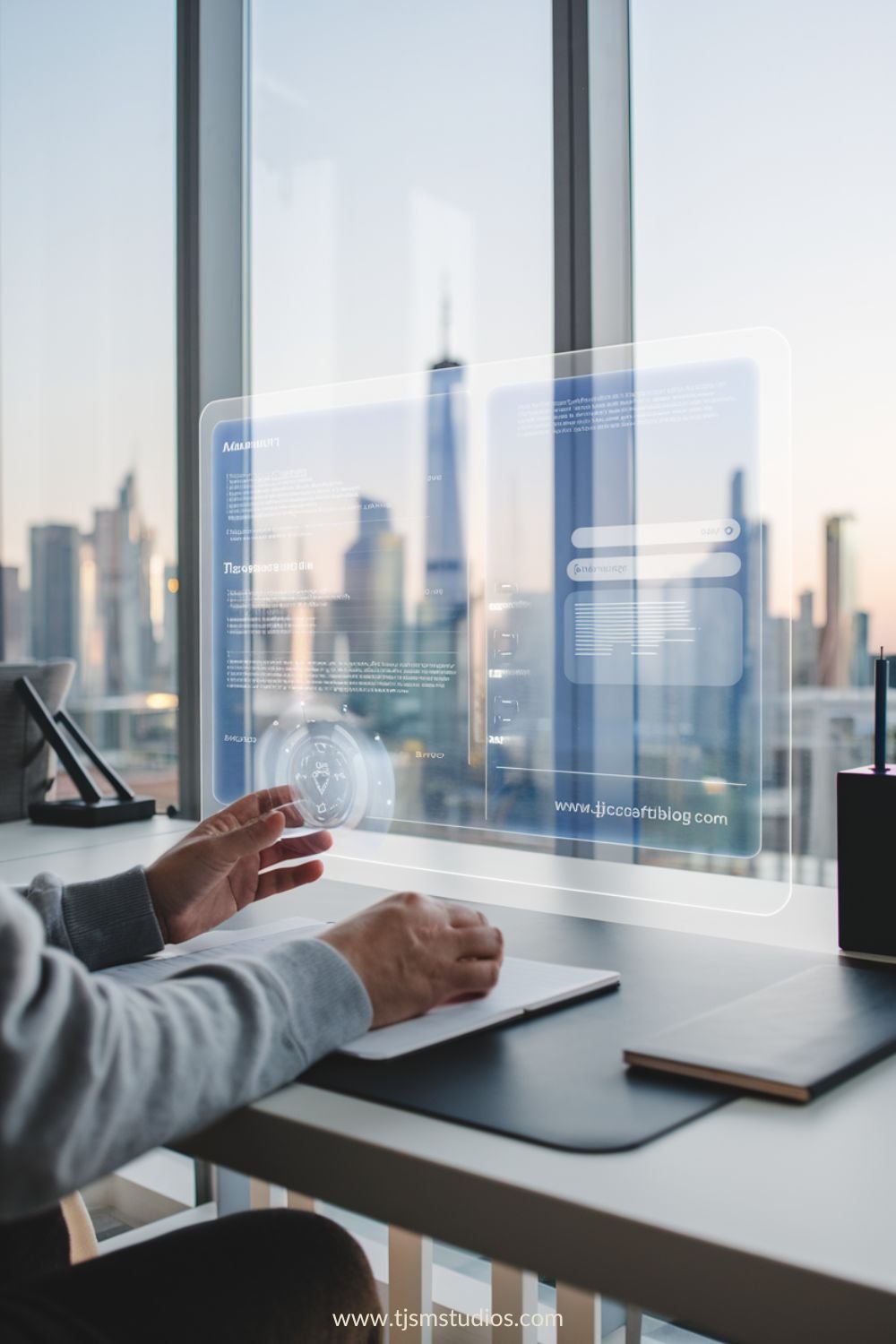 A futuristic holographic screen displaying an AI-powered journaling app.