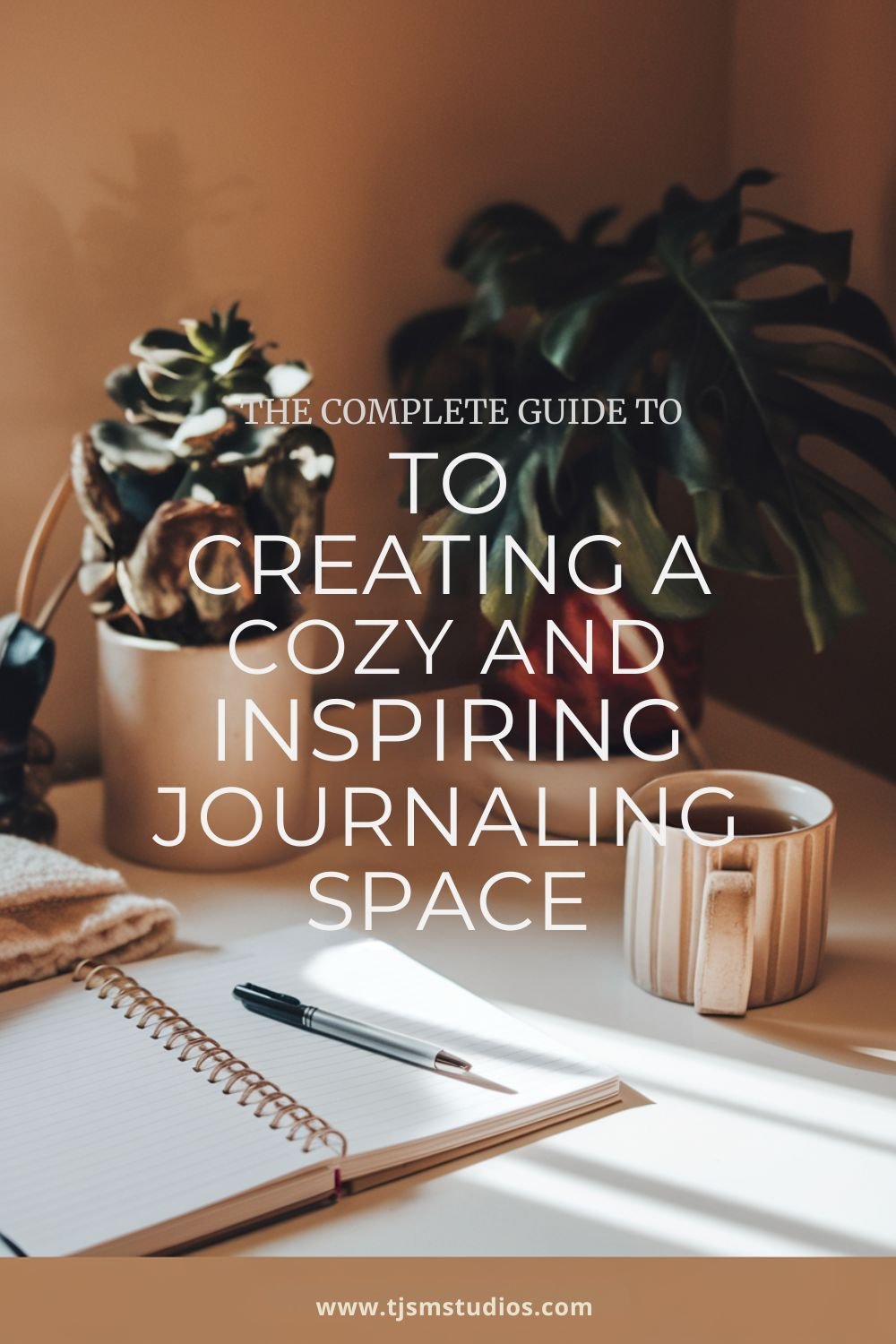 A minimalist journaling desk with natural light, cozy textures, and a cup of tea, creating a peaceful ambiance.