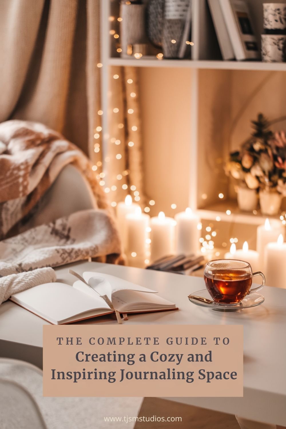 A cozy and inspiring journaling space with warm lighting, a soft throw blanket, and a neatly arranged desk featuring an open journal, a steaming cup of tea, and a collection of elegant pens.
