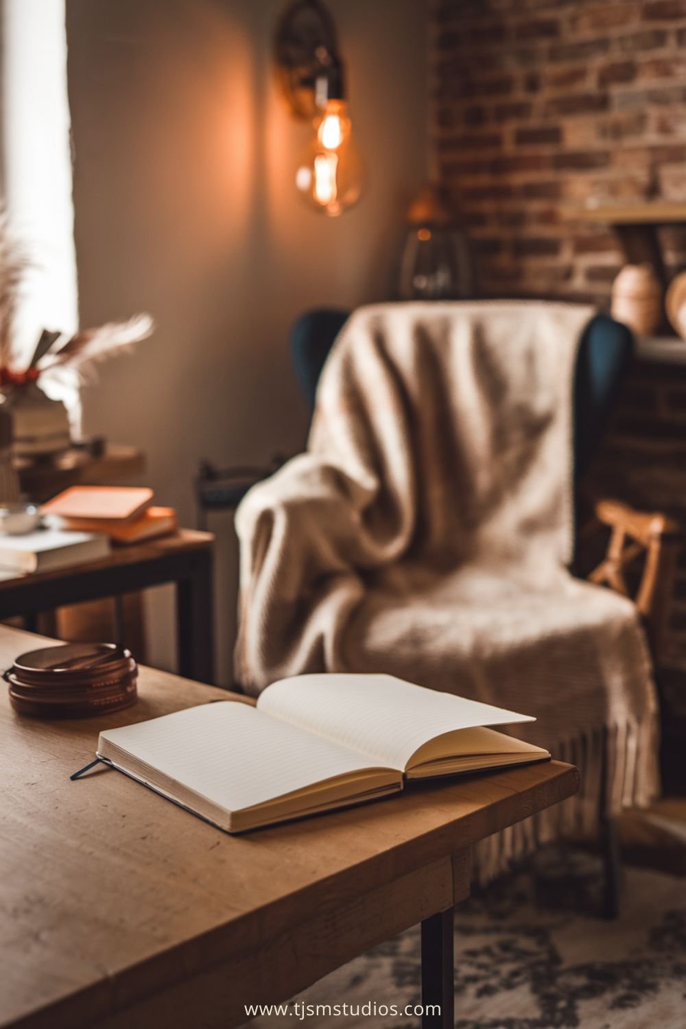 A warm, inviting writing space with soft lighting, an open journal, and a cozy blanket draped over a chair.