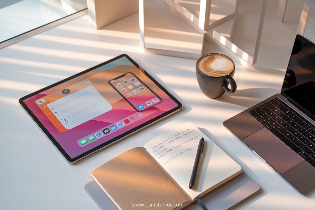 A clean and modern flat-lay composition featuring a digital workspace dedicated to journaling apps