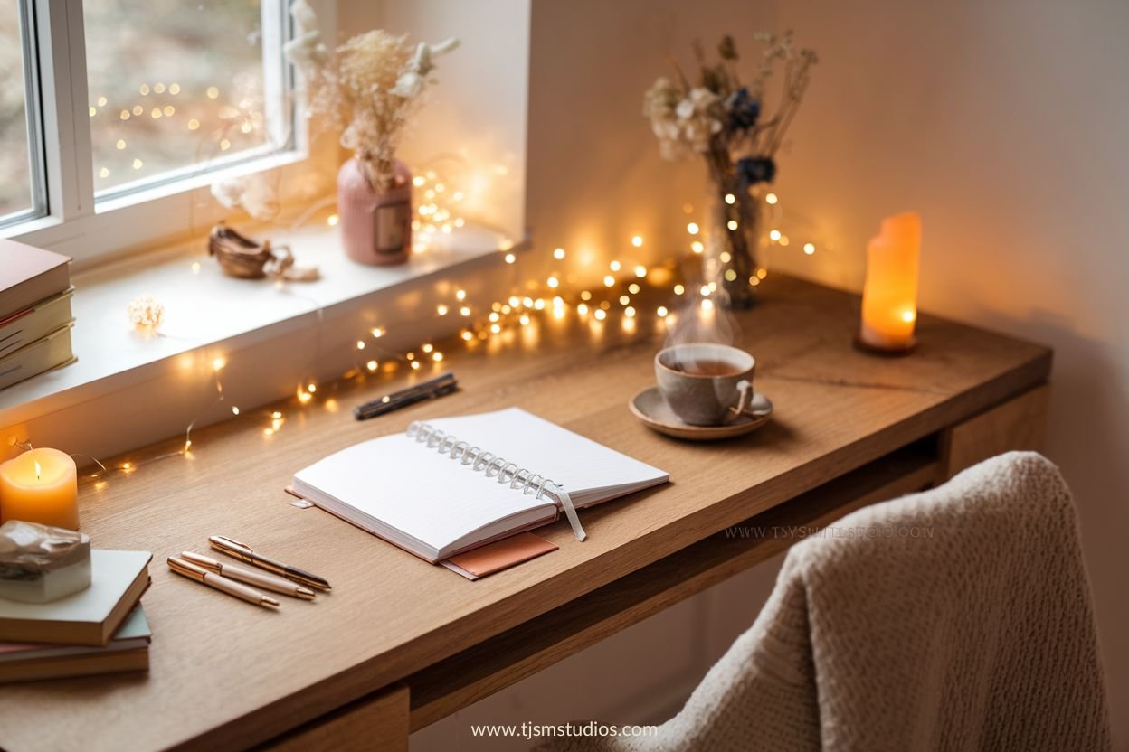 A cozy and inspiring journaling space with warm lighting, a soft throw blanket, and a neatly arranged desk featuring an open journal, a steaming cup of tea, and a collection of elegant pens.