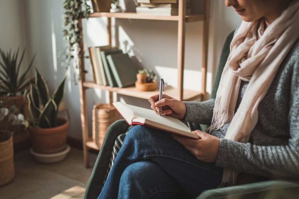 A person peacefully journaling in a sunlit, cozy corner of a room, with books and plants decorating a minimalist bookshelf. Image should convey a gentle, calming atmosphere. A soft, open journal rests on their lap, pen in hand, as they contemplate their thoughts.