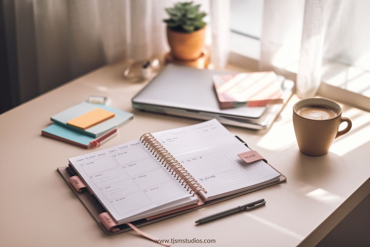 A visually engaging, modern, and clean 3:2 blog header image that represents intentional planning and journaling.