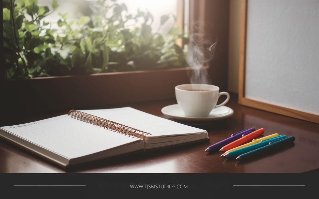 A serene workspace with a high-quality planner, an open journal, and colorful pens arranged neatly on a wooden desk.
