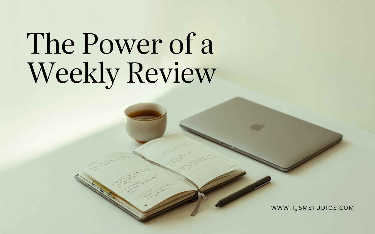 a clean and modern featured blog image that visually represents the theme of “The Power of a Weekly Review: How to Stay Focused and Improve Every Week.” The composition should feature a minimalist, well-organized desk setup with a soft, neutral-toned background (light beige or soft gray). Include a sleek open planner or journal laid flat with neatly handwritten notes, a closed laptop, a high-quality pen, and a small cup of coffee or tea positioned thoughtfully to the side. Subtle natural light should stream in from the left, creating gentle shadows and a calm, productive atmosphere. Use a muted, cohesive color palette with soft whites, warm neutrals, and a touch of soft sage or pastel blue to evoke clarity and focus. Maintain plenty of negative space to avoid visual clutter. In the bottom right corner, place the text “www.tjsmstudios.com” in a small, subtle, and legible sans-serif font that blends harmoniously with the overall design without distracting from the central image.